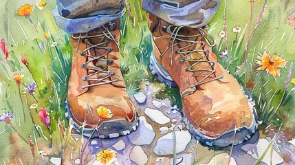 Watercolor, Hiker boots on wildflower trail, close up, journey through blooms