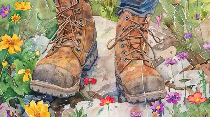 Watercolor, Hiker boots on wildflower trail, close up, journey through blooms