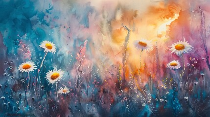Watercolor, Sunset on alpine meadow, close up, last light on daisies  - obrazy, fototapety, plakaty