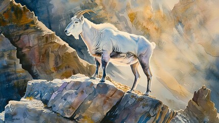 Obraz na płótnie Canvas Watercolor, Mountain goat on cliff, close up, steady footing, sunrise light 