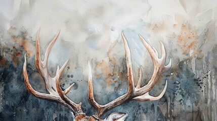 Watercolor, Deer antlers, close up, velvet texture, early mist, serene