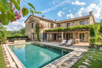 charming frenchstyle stone house with veranda and sparkling pool idyllic countryside landscape - obrazy, fototapety, plakaty