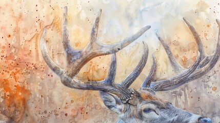 Watercolor, Deer antlers, close up, velvet texture, early mist, serene