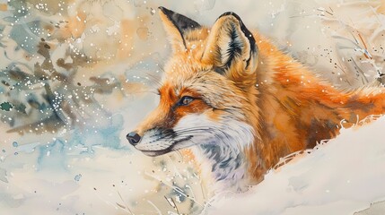 Obraz premium Watercolor, Fox in snow, close up, alert ears, fluffy tail, winter backdrop 