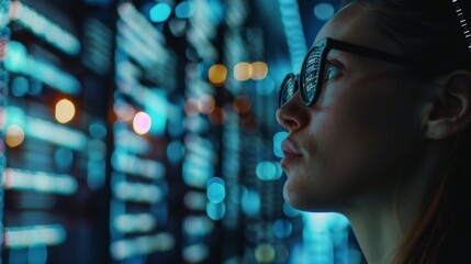A female cybersecurity analyst leading a team in a high-stakes operation, in an empowering, heroic portrait style. A data scientist at an old librar