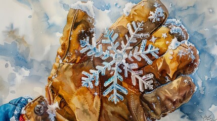 Watercolor, Snowflakes on mountaineer's glove, close up, unique crystals, icy expeditio