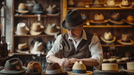 A hat maker shaping a felt hat on an old-fashioned hat block, surrounded by an array of finished hats on display. - obrazy, fototapety, plakaty