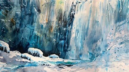 Watercolor, Frozen waterfall, close up, icicles glistening, mountain silence