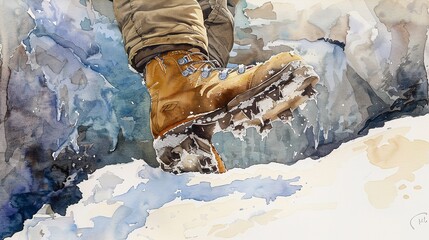 Watercolor, Mountaineer's boot on snow bridge, close up, cautious step, deep crevasse below 