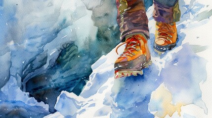 Watercolor, Mountaineer's boot on snow bridge, close up, cautious step, deep crevasse below
