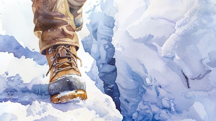 Watercolor, Mountaineer's boot on snow bridge, close up, cautious step, deep crevasse below