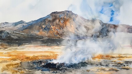 Watercolor, Geothermal steam vent, close up, hissing, volcanic mountain backdrop