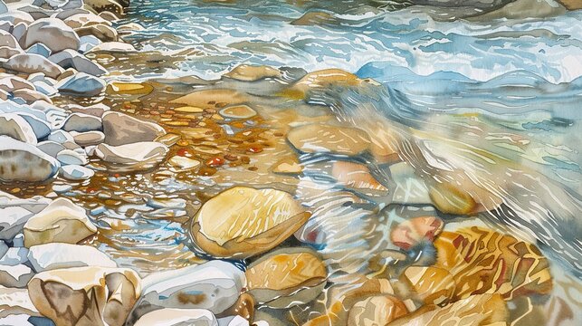 Watercolor, Glacial meltwater stream, close up, clear flow, climate story