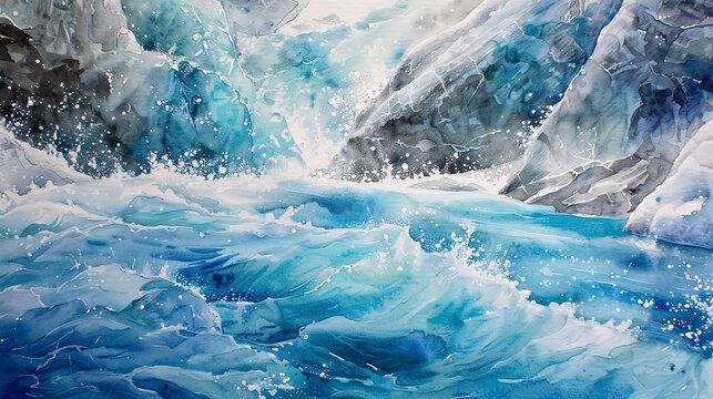 Watercolor, Glacial meltwater stream, close up, clear flow, climate story 