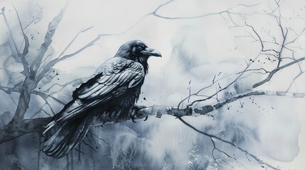 Watercolor, Raven perched on branch, close up, thick fog, mysterious ambiance 