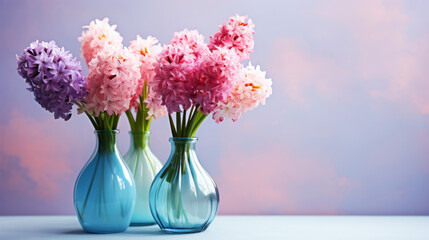 Blooming colorful hyacinths in a vase standing on the side. Empty background in a vintage charming style. Generative AI