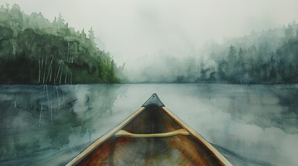 Watercolor, Foggy lake, close up, canoe bow cutting through, serene - obrazy, fototapety, plakaty