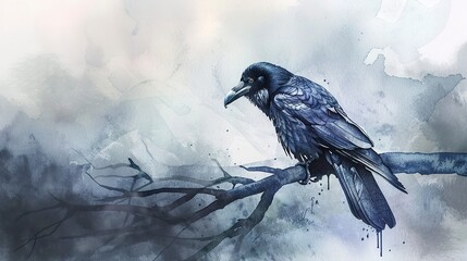 Watercolor, Raven perched on branch, close up, thick fog, mysterious ambiance