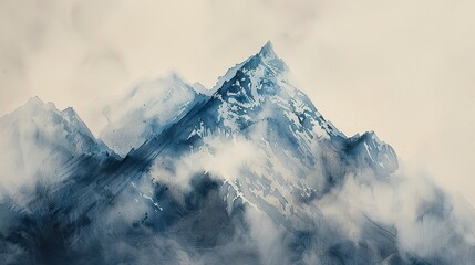 Watercolor, Mountain summit, close up, emerging from dense fog, triumphant moment 