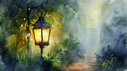 Fotobehang Watercolor, Lantern light, close up, glowing softly in thick mist, path unknown  © Thanthara