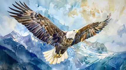 Watercolor, Eagle soaring close up, expansive mountain range background, clear sky