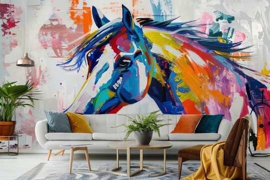 abstract gold horse painting with bold strokes and vibrant colors modern art wall mural