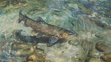 Watercolor, Fish swimming in clear mountain river, close up, underwater view, pristine