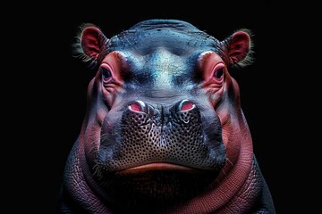 adorable baby hippo portrait closeup cute animal face on black digital art