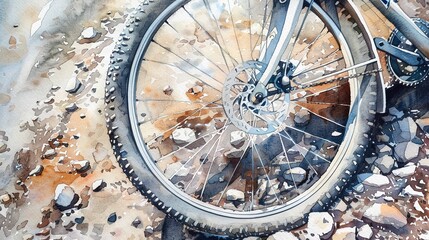 Fototapeta na wymiar Watercolor, Bicycle wheel on gravel path, close up, adventure, high altitudes 