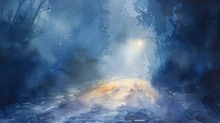 Watercolor, Headlights illuminating foggy path, close up, mysterious journey - - obrazy, fototapety, plakaty