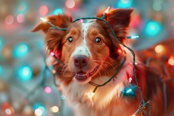 adorable collie dog wearing christmas lights festive pet portrait - obrazy, fototapety, plakaty