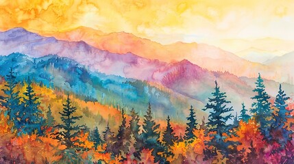 Watercolor, Sunset light on mountain, close up, autumn trees ablaze with color - obrazy, fototapety, plakaty