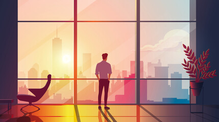Thoughtful contemplative leader CEO silhouette against a warm cityscape during golden hours of sunset - Concept for potential, decision making, business, leadership, and strategy themes
