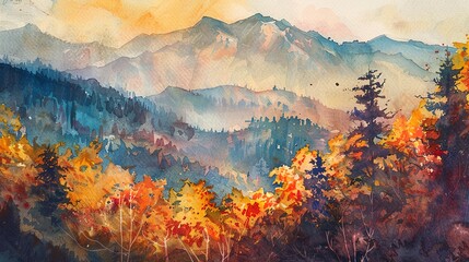 Watercolor, Sunset light on mountain, close up, autumn trees ablaze with color 