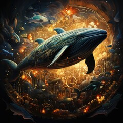 A blue whale swims through a sea of stars, surrounded by colorful fish and glowing jellyfish.