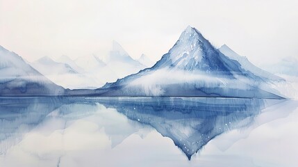 Watercolor, Morning mist around peak, close up, reflection in dewdrop, tranquility