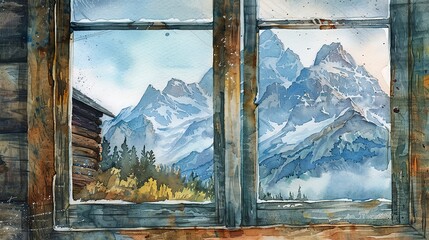 Watercolor, Rustic cabin window, close up, reflection of snow-capped mountains - obrazy, fototapety, plakaty