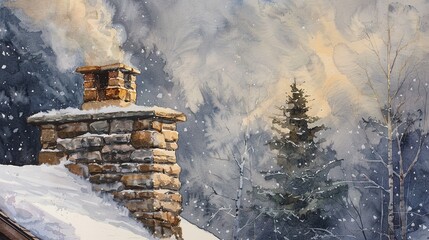 Watercolor, Stone chimney on lodge, close up, smoke rising, snowy backdrop 