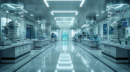 A laboratory with glass containers and a shiny floor.