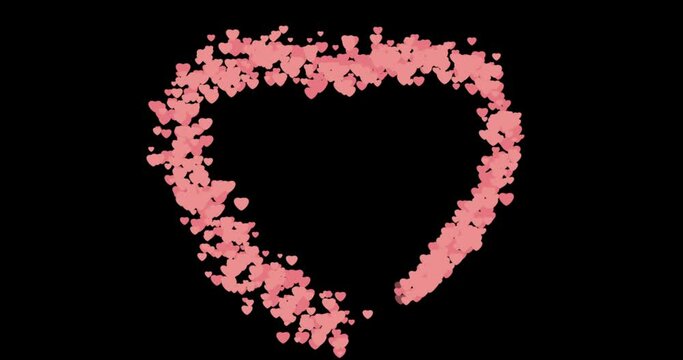 Heart frame made of coral pink hearts animation on a black background. Heart animation for Women's day, Valentine's Day, and Wedding anniversary
