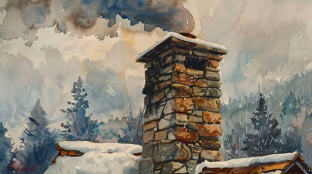 Watercolor, Stone chimney on lodge, close up, smoke rising, snowy backdrop