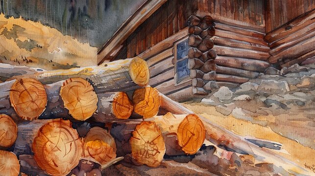 Watercolor, Log pile next to mountain lodge, close up, ready for the fireplace 