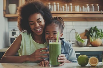african american mother and daughter bonding in kitchen making healthy smoothie together joyful family moment