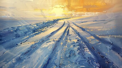 Watercolor, Winter sunrise, close up, ski tracks on slope, golden horizon - obrazy, fototapety, plakaty