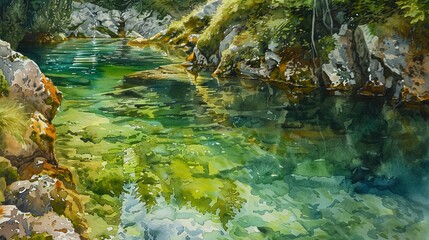 Obraz premium Watercolor, Hidden mountain spring, close up, crystal clear water, green moss