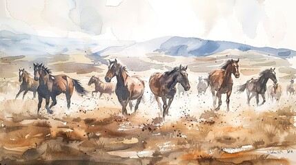 Watercolor, Wild horse herd, close up, distant mountains, early mist - obrazy, fototapety, plakaty