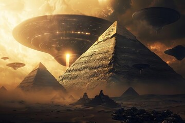 alien spaceships invading ancient egyptian pyramids mysterious glowing runes dark fantasy concept art - obrazy, fototapety, plakaty