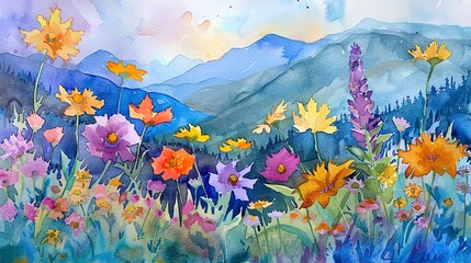 Fototapeta na wymiar Watercolor, Wildflower in bloom, close up, mountain range, vibrant colors 
