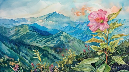 Watercolor, Wildflower in bloom, close up, mountain range, vibrant colors 