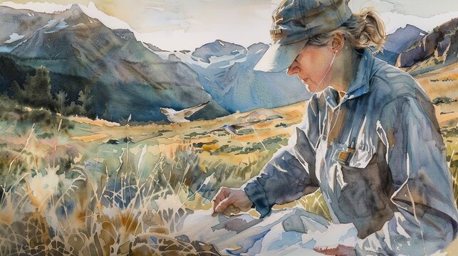 Watercolor, Biologist tagging birds, close up, mountain backdrop, dawn light 